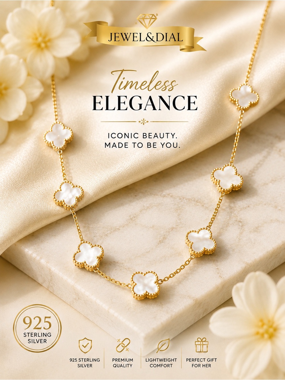 925 Sterling Silver Gold Mother of Pearl Clover Necklace Adjustable 16-18”